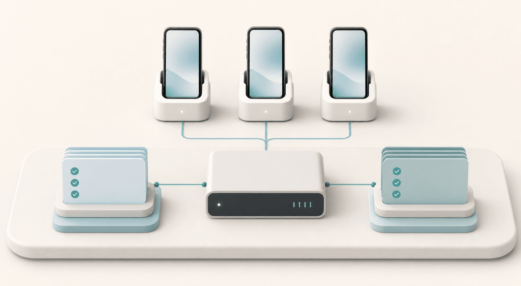 Illustration of several Android devices connected to an edge node and completed run cards.