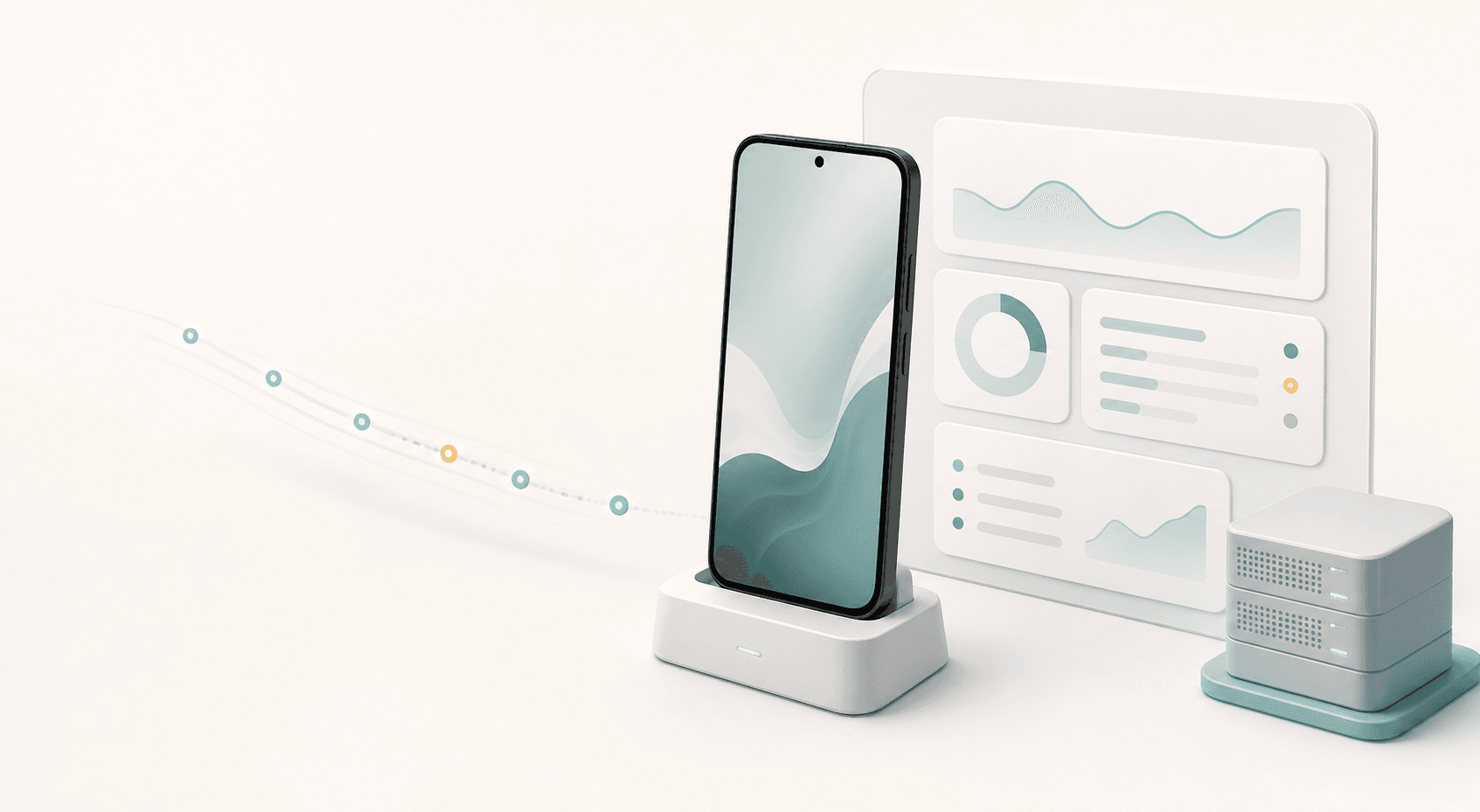 Illustration of a phone, run evidence panels, and a small device compute node.