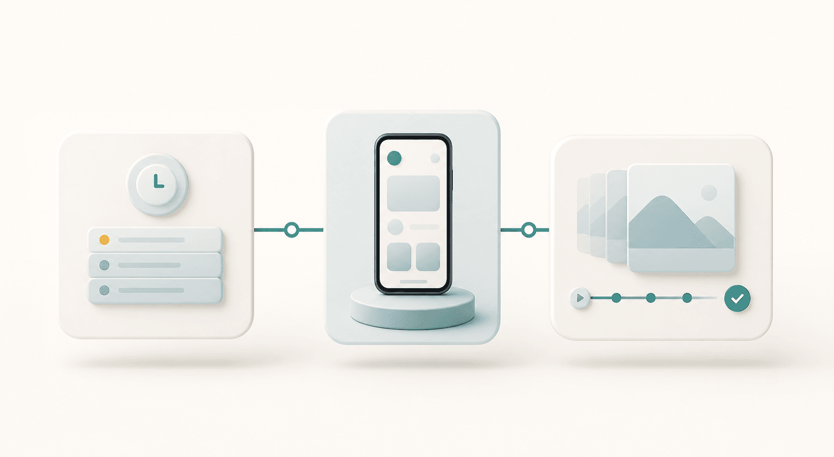 Illustration of a queued Android task moving into a device run and replay review.